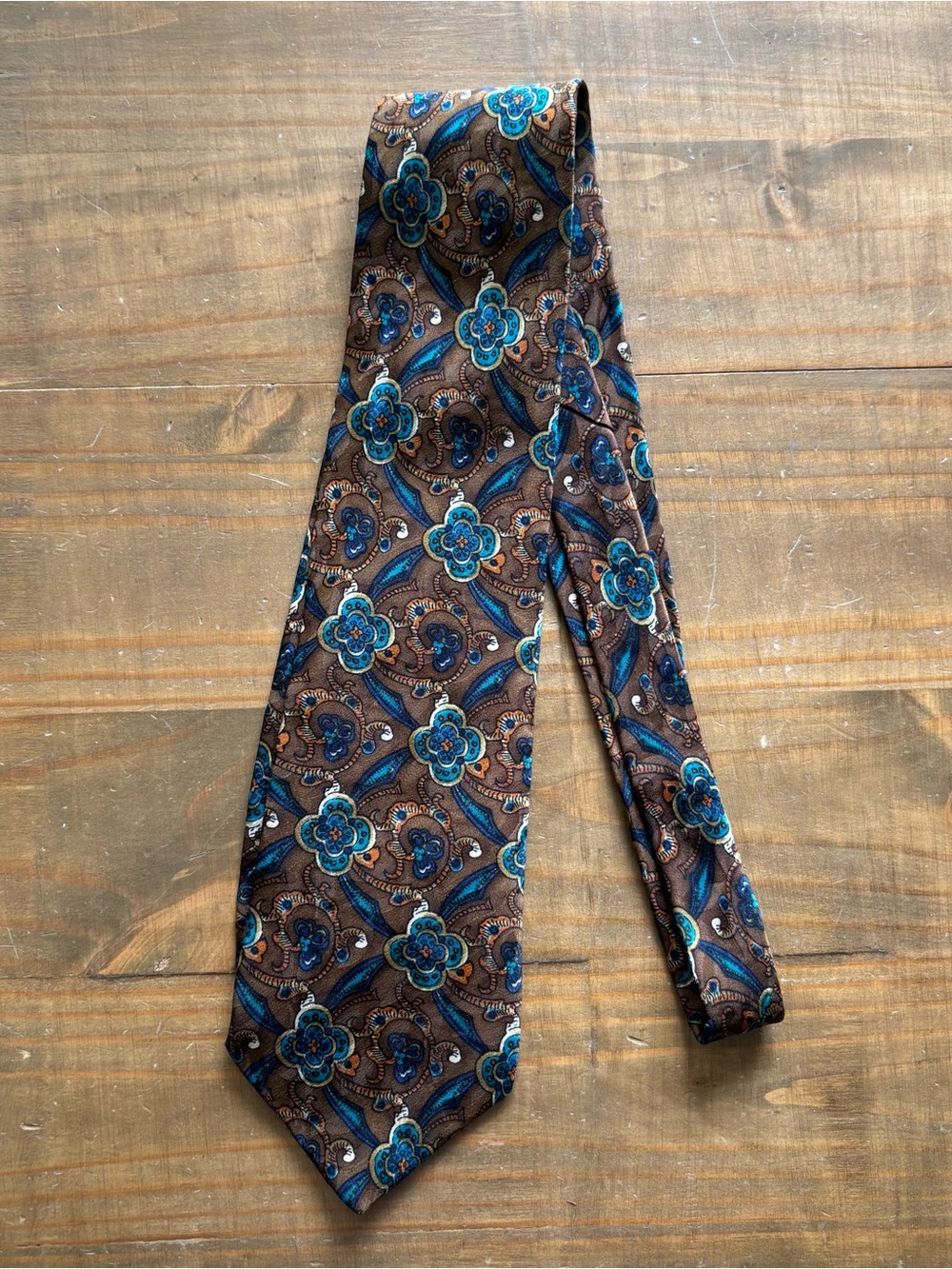 Vintage Liberty of London Silk Floral Print Neck Tie-Brown/Turquoise-Retro-Fall